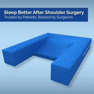 Restore You shoulder surgery recovery pillow showing U-shaped design with dual arm support channels for post-shoulder surgery support and optimal MLPP positioning