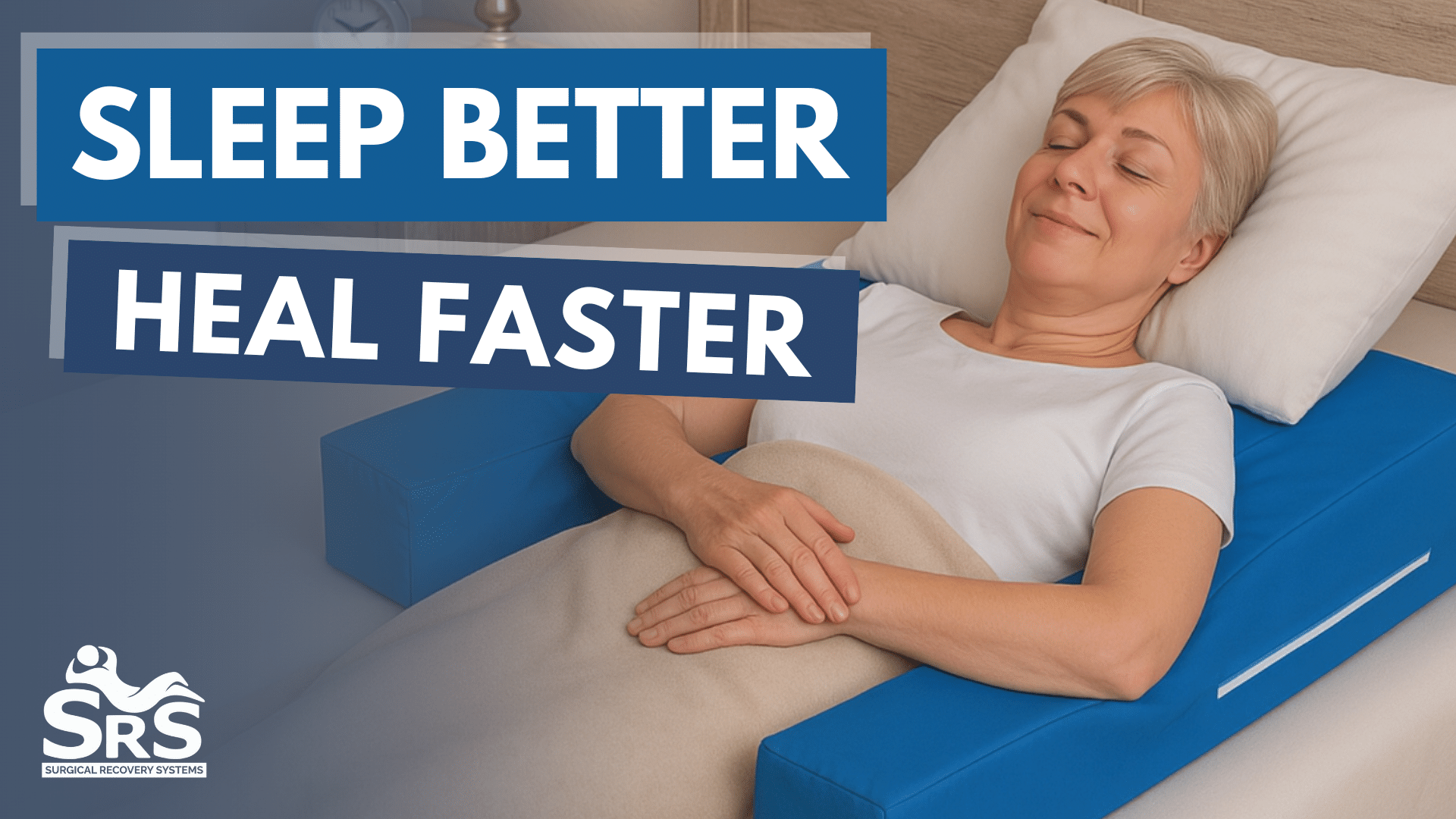 Woman sleeping comfortably in bed using Restore You shoulder surgery recovery pillow system demonstrating proper post-operative positioning