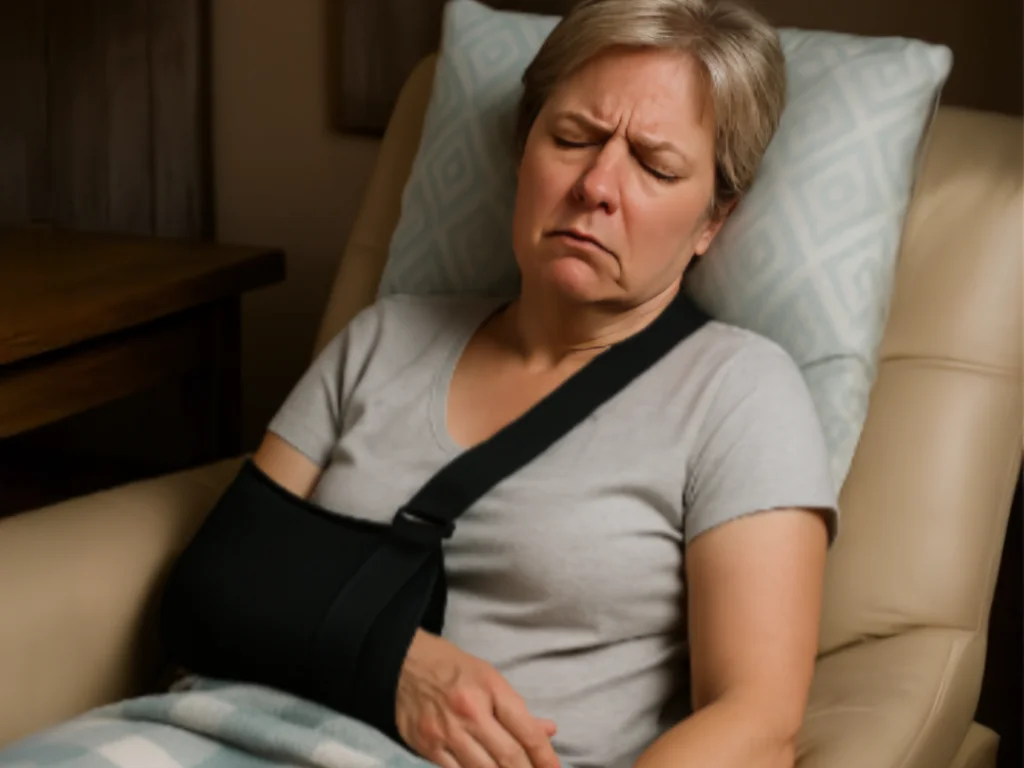 Woman in shoulder sling struggling with pain and discomfort while trying to sleep in recliner after surgery - showing why patients need better recovery support than recliners provide