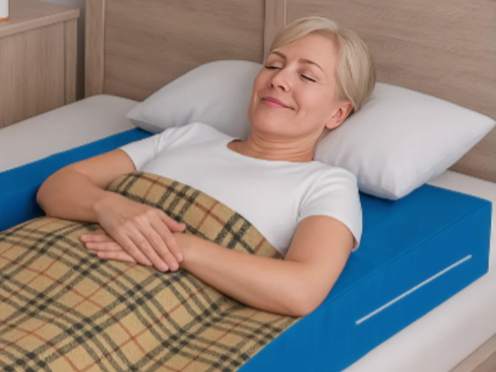 Woman peacefully sleeping on Restore You sleep restoration pillow in her own comfortable bedroom - showing the therapeutic support and restorative sleep patients experience with FDA-registered recovery pillow
