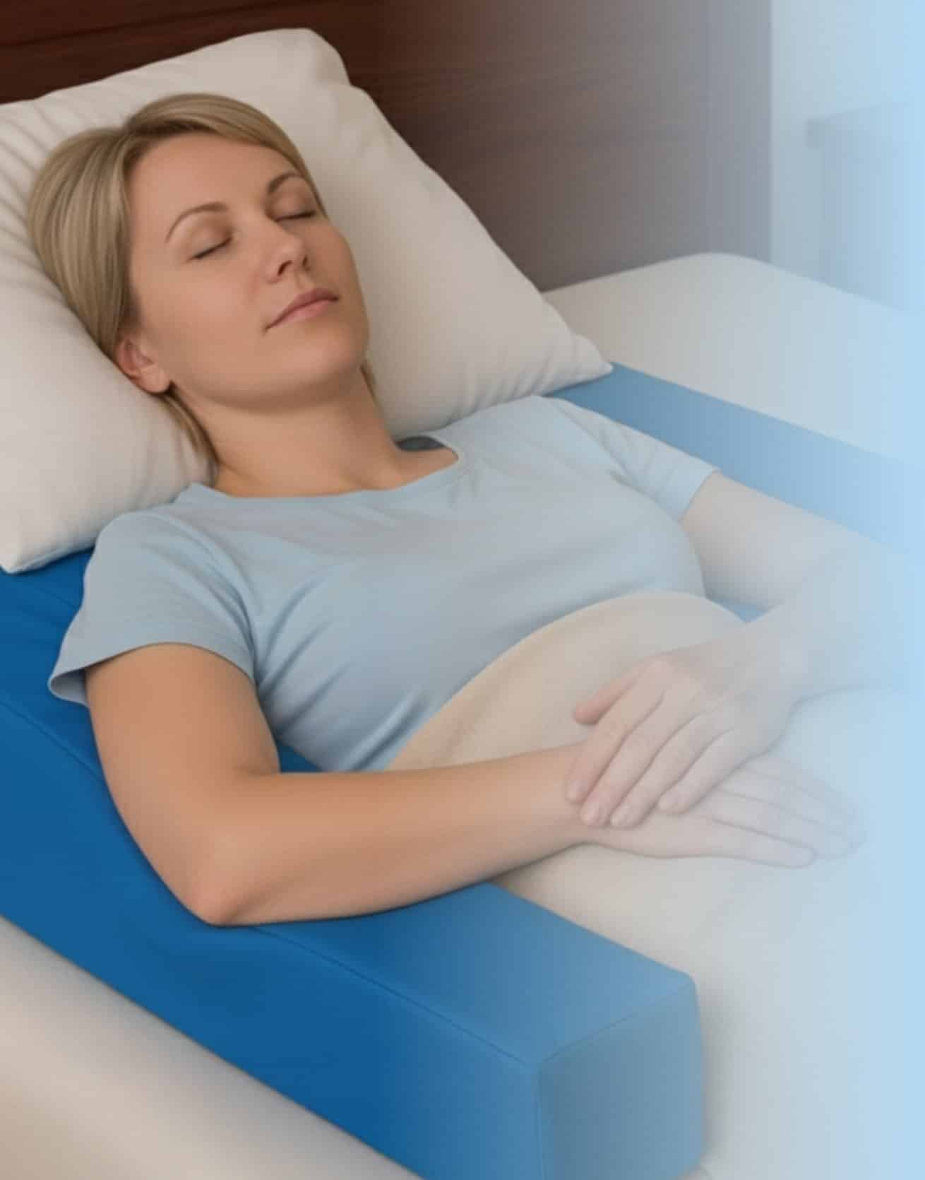 Woman demonstrating proper Maximally Loose Packed Position MLPP on Restore You therapeutic support showing 45-degree angle positioning for safe shoulder surgery recovery during sleep
