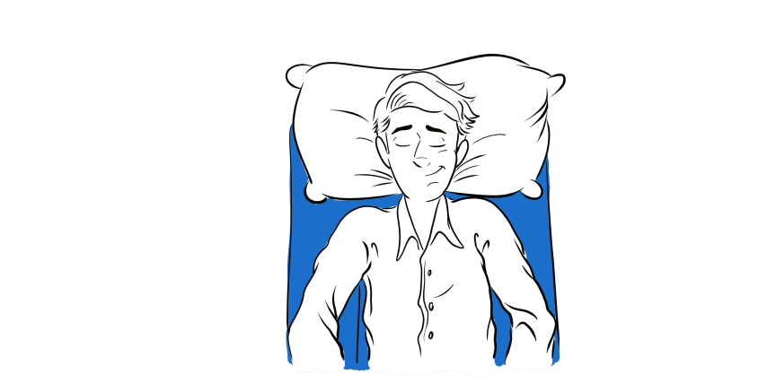 Illustration showing proper sleeping position on Restore You sleep restoration pillow with head on standard pillow and arms supported on extended arm rests for optimal therapeutic positioning