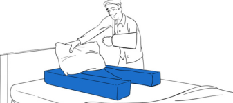 Simple setup of Restore You shoulder surgery recovery pillow - patient placing system on bed, no assembly required