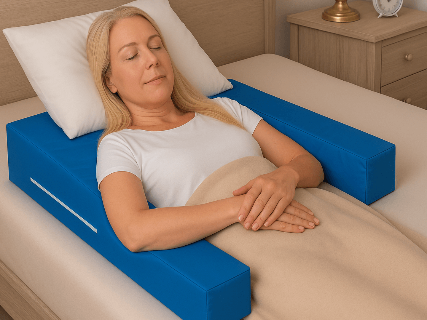 Sleep in your own bed after surgery with Restore You shoulder surgery wedge pillow for post-operative recovery showing therapeutic 45-degree positioning