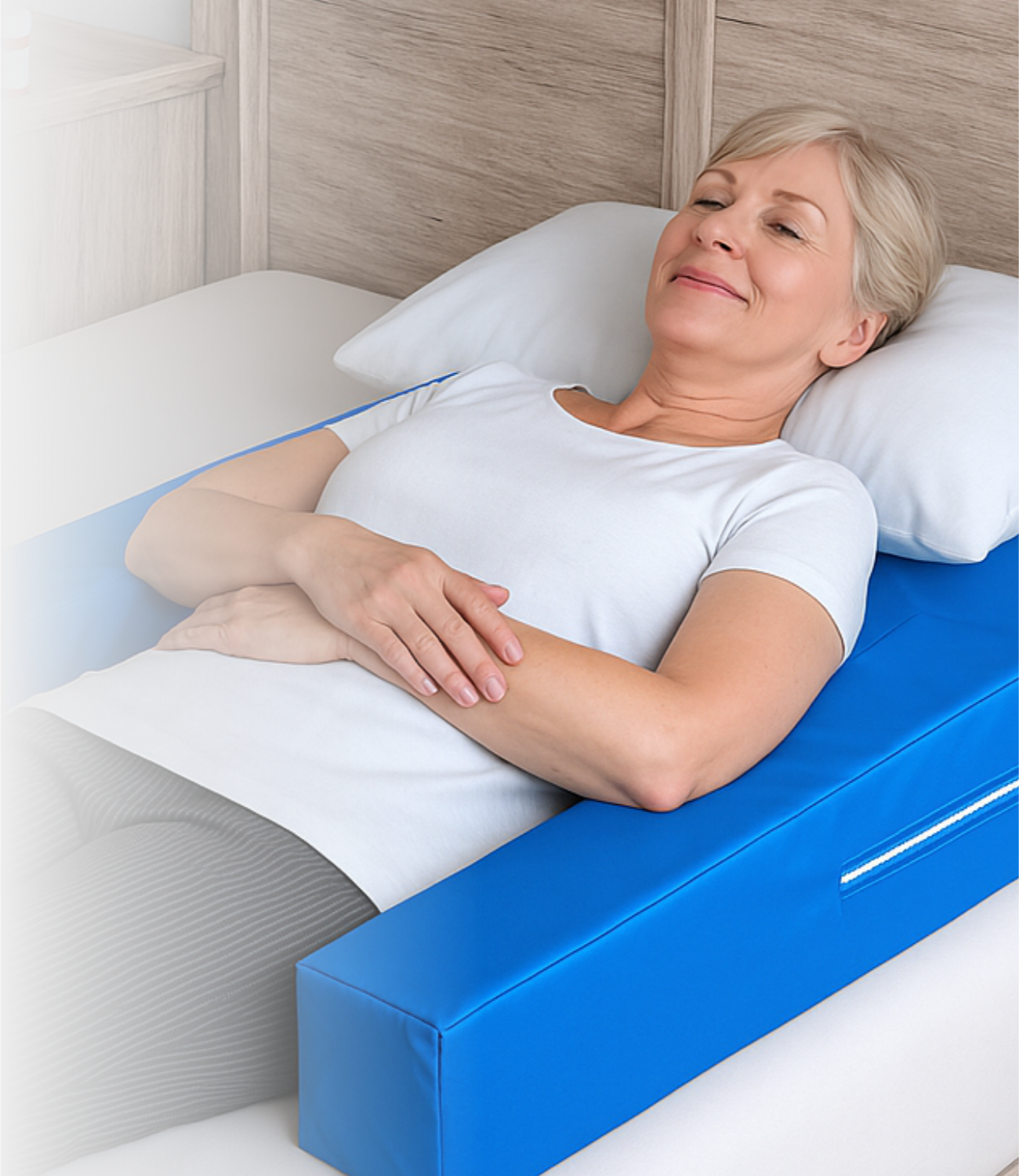 Woman peacefully sleeping with Restore You rotator cuff recovery pillow relieving shoulder pain at night using proper MLPP positioning after rotator cuff surgery