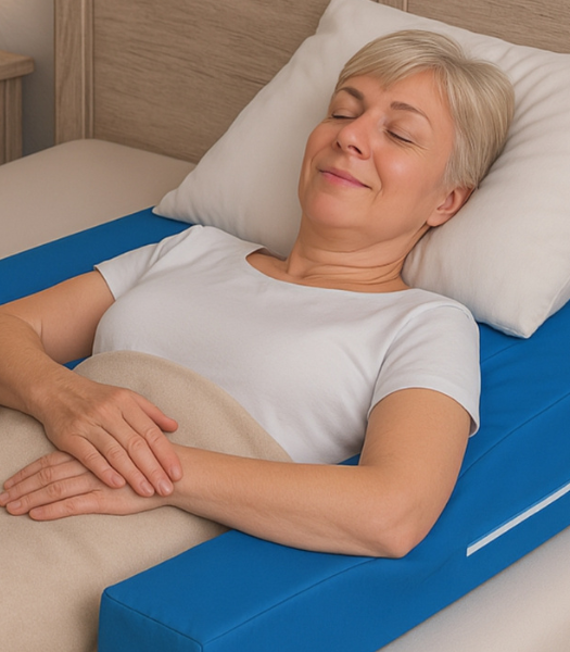 Surgery recovery pillow - Woman sleeping comfortably in bed with Restore You therapeutic support for shoulder surgery recovery