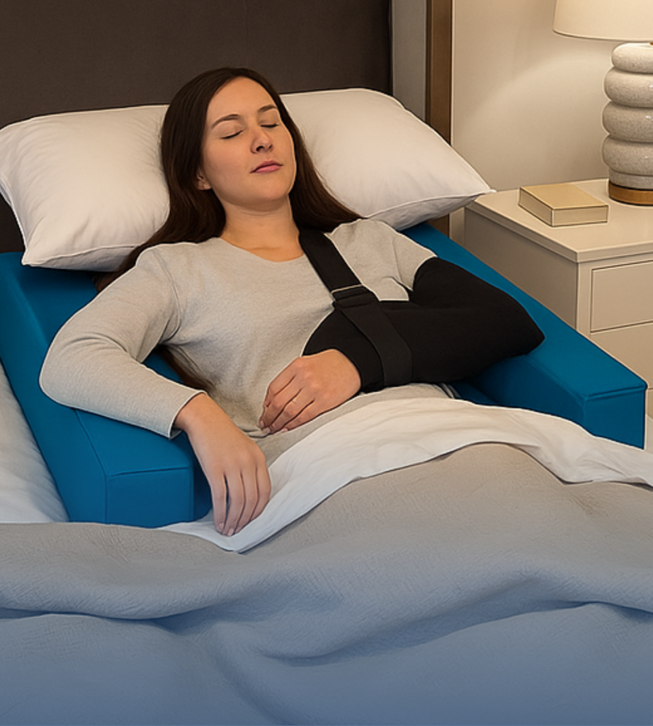 Woman sleeping comfortably on elevated sleep apnea wedge pillow with shoulder immobilizer after surgery