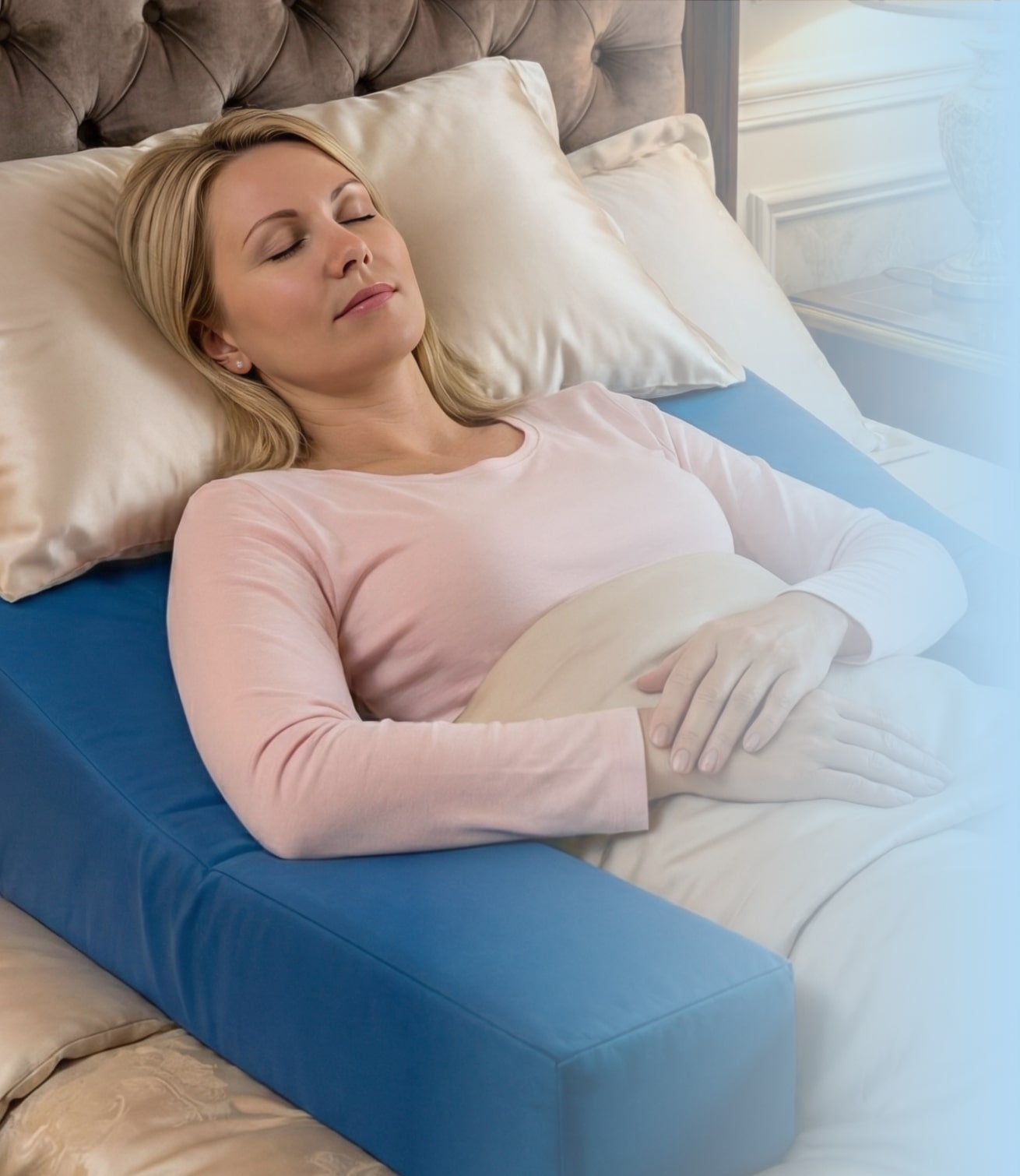 Woman demonstrating proper Maximally Loose Packed Position MLPP on Restore You therapeutic support showing 45-degree angle positioning for safe shoulder surgery recovery during sleep