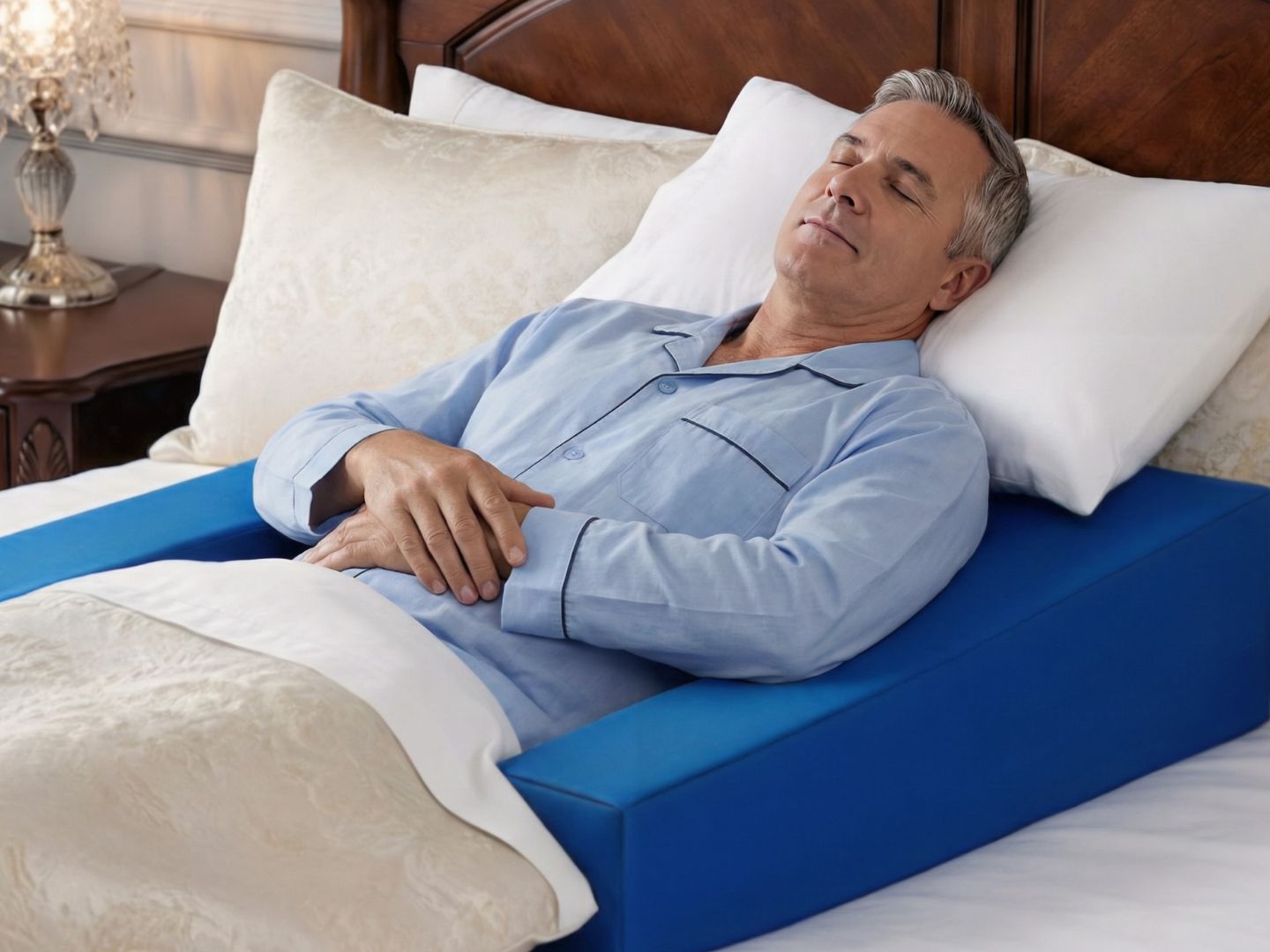Man comfortably resting in his own bed after shoulder surgery using Restore You therapeutic support pillow with proper arm positioning