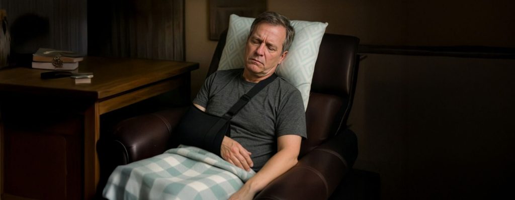 Man with shoulder sling struggling to sleep in recliner after shoulder surgery showing discomfort