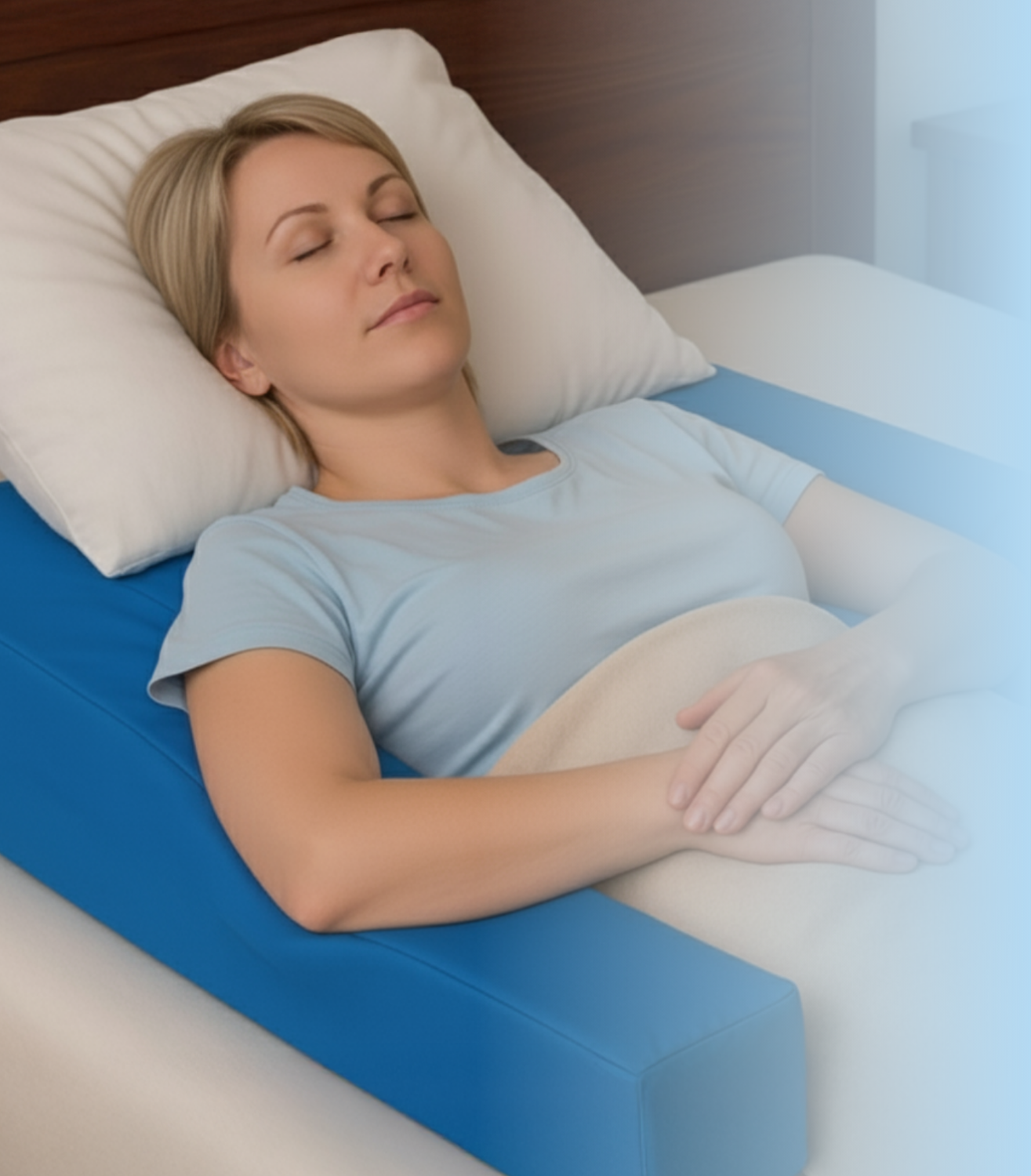 Woman sleeping peacefully demonstrating how to use Restore You therapeutic support for optimal post-surgical healing posture