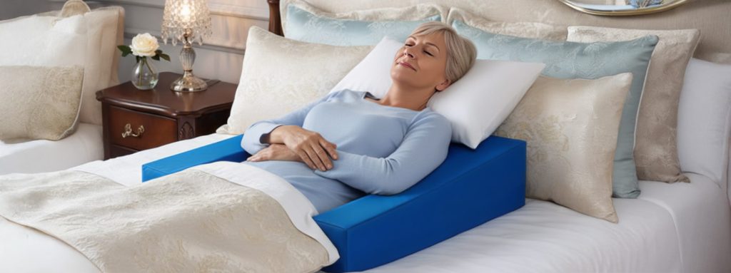 Woman sleeping peacefully on Restore You shoulder surgery pillow in own bed showing 6-8 hours continuous sleep comfort versus recliner