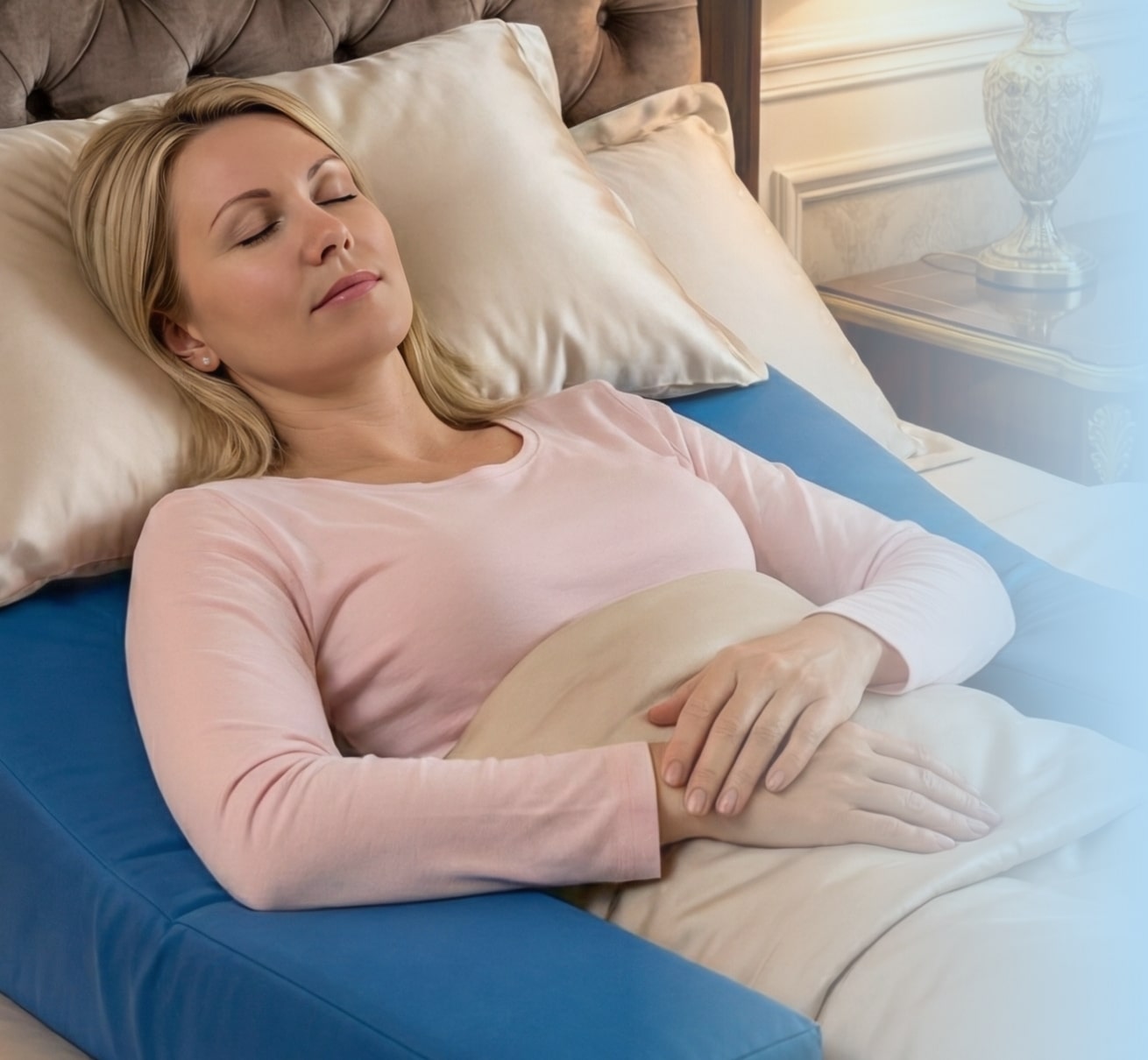 Woman sleeping comfortably using Restore You Therapeutic Support for shoulder surgery recovery without sling