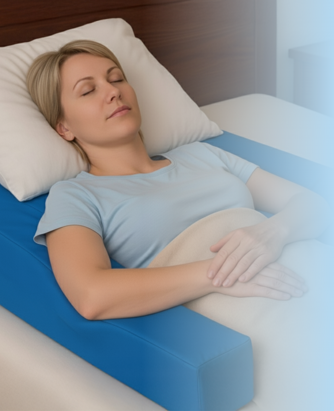 Patient sleeping comfortably on Restore You shoulder surgery pillow with proper MLPP positioning after rotator cuff repair