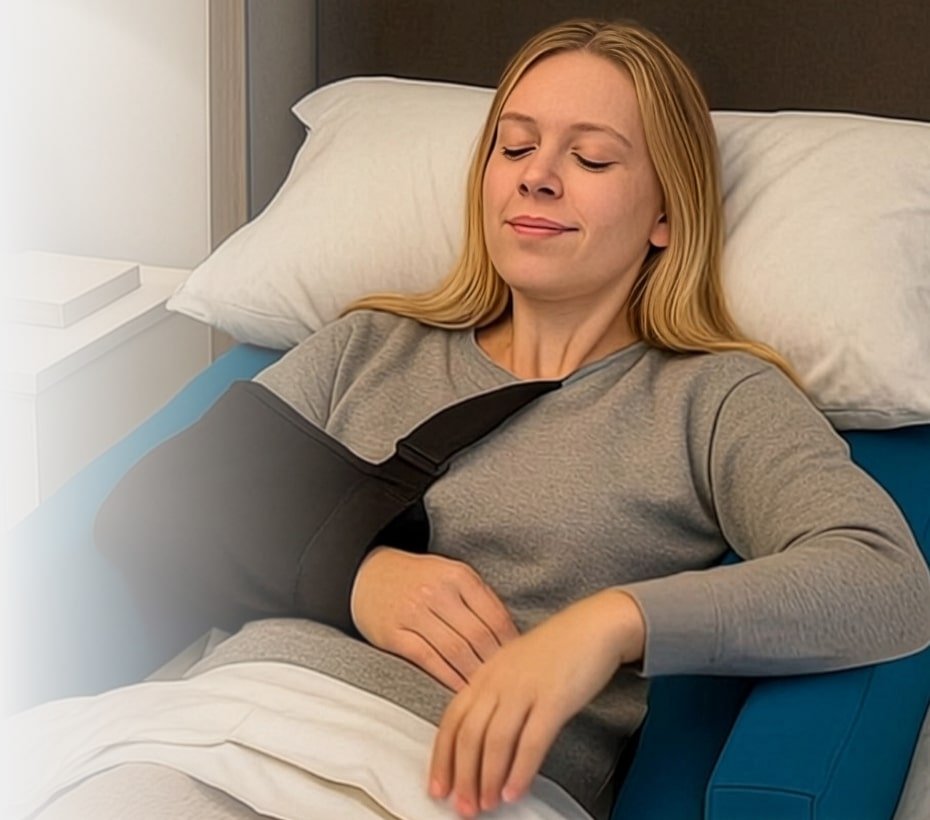 Woman sleeping peacefully on Restore You therapeutic support system in her own bed after shoulder surgery showing proper 45-degree positioning for rotator cuff recovery