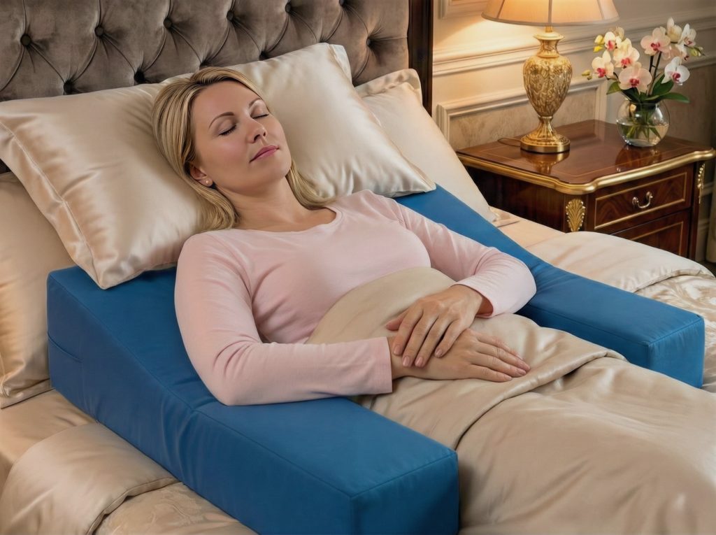 Woman comfortably positioned on Restore You therapeutic support pillow demonstrating how to sleep in your own bed after shoulder surgery with proper elevation and arm support