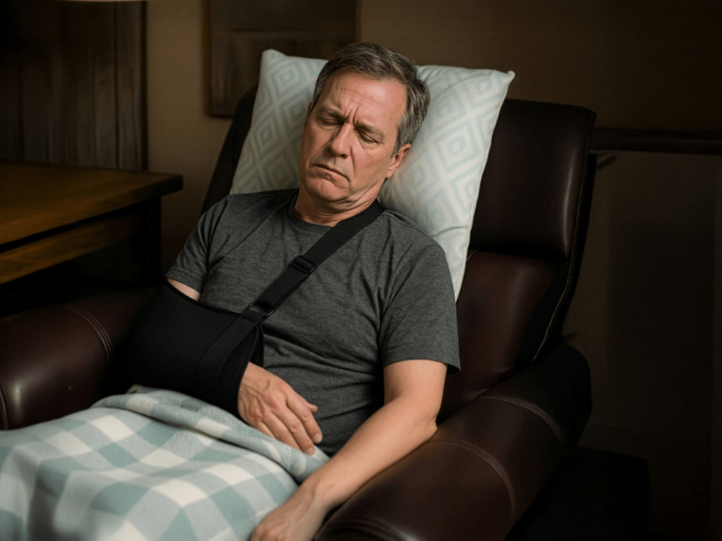 Man with pillow for bad shoulder struggling to sleep in recliner chair experiencing pain and discomfort after shoulder surgery