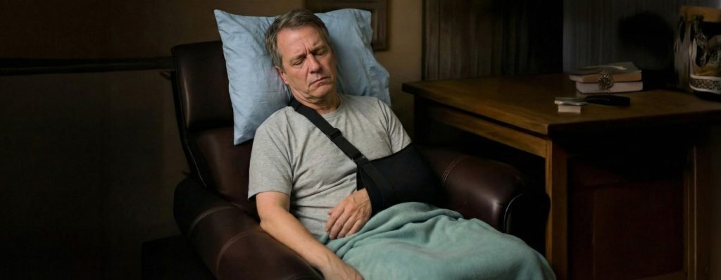 Man in shoulder sling struggling to sleep in recliner during post-surgery recovery showing discomfort and poor rest