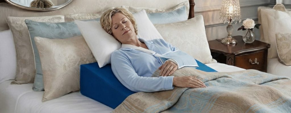 Woman sleeping peacefully in bed with Restore You positioning support demonstrating improved healing sleep after surgery and restorative sleep comfort