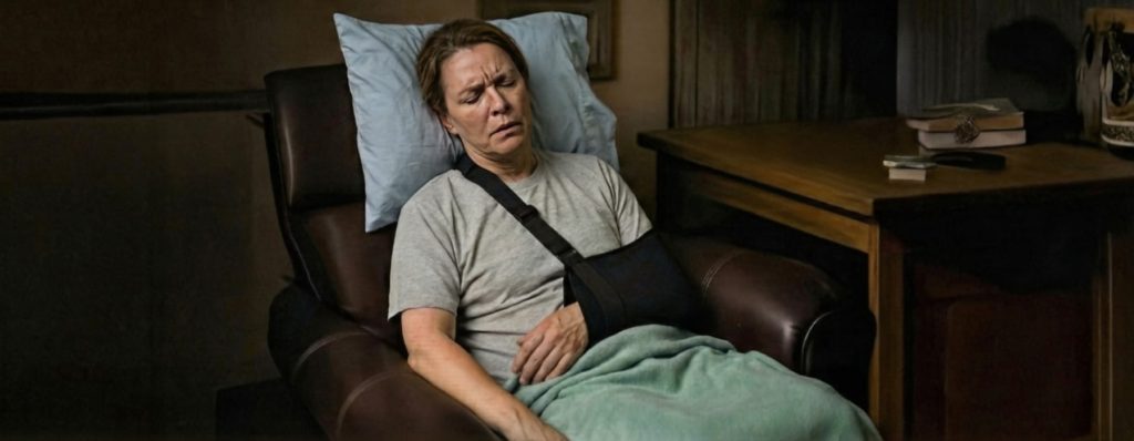 Woman with shoulder sling struggling to sleep in recliner after shoulder surgery showing discomfort and need for restorative sleep after surgery
