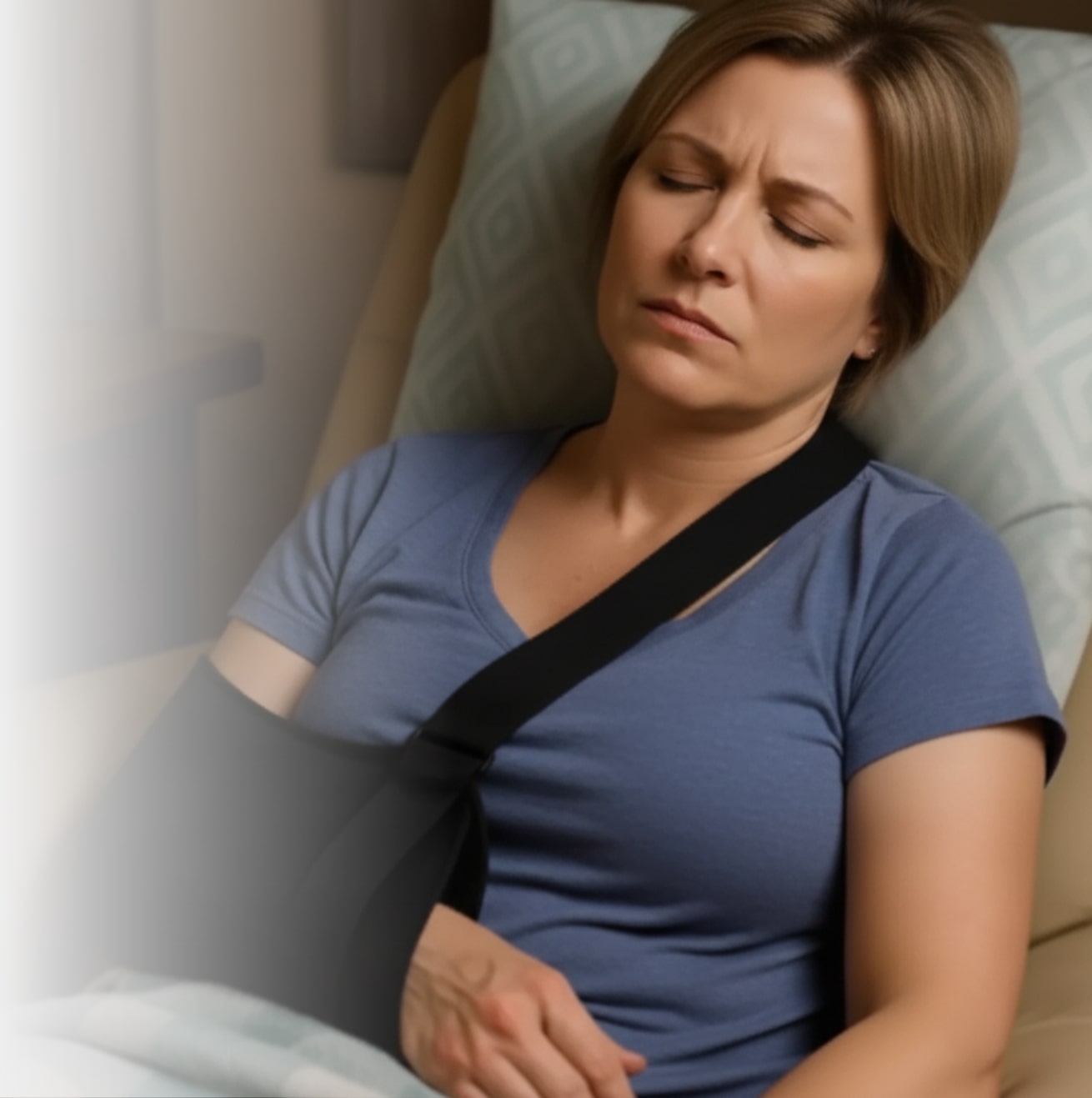 Woman in shoulder sling struggling with how to sleep after shoulder surgery experiencing post-operative pain and discomfort while resting