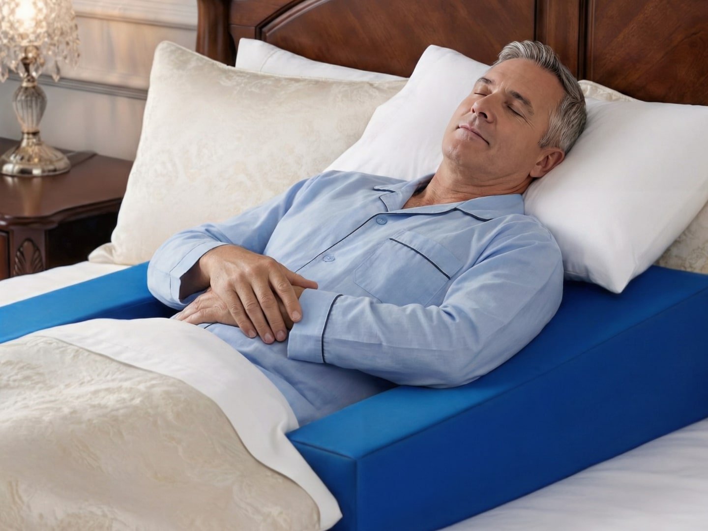 Man demonstrating how to sleep after shoulder surgery using Restore You FDA-registered therapeutic support achieving comfortable elevated rest in bed