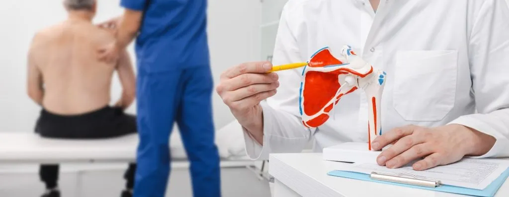 Orthopedic surgeon explaining shoulder replacement recovery process using anatomical model to patient